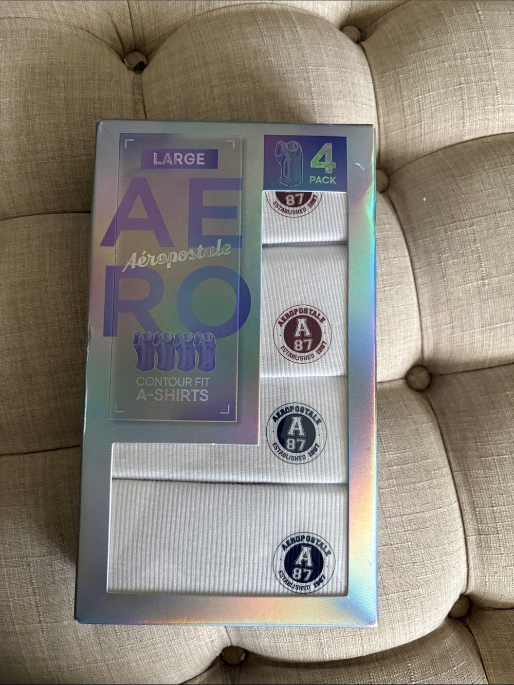 Aeropostale Men’s White Contour Fit A-Shirts 4-Pack with Logo Accents